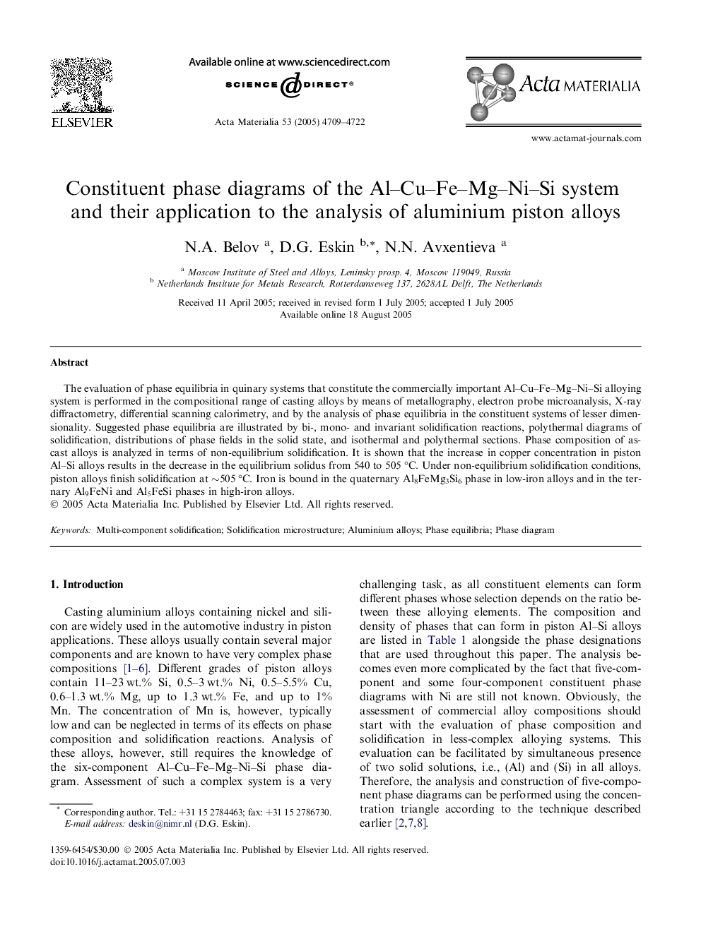 Constituent phase diagrams of the Al–Cu–Fe–Mg–Ni–Si system and their application to the analysis of aluminium piston alloys