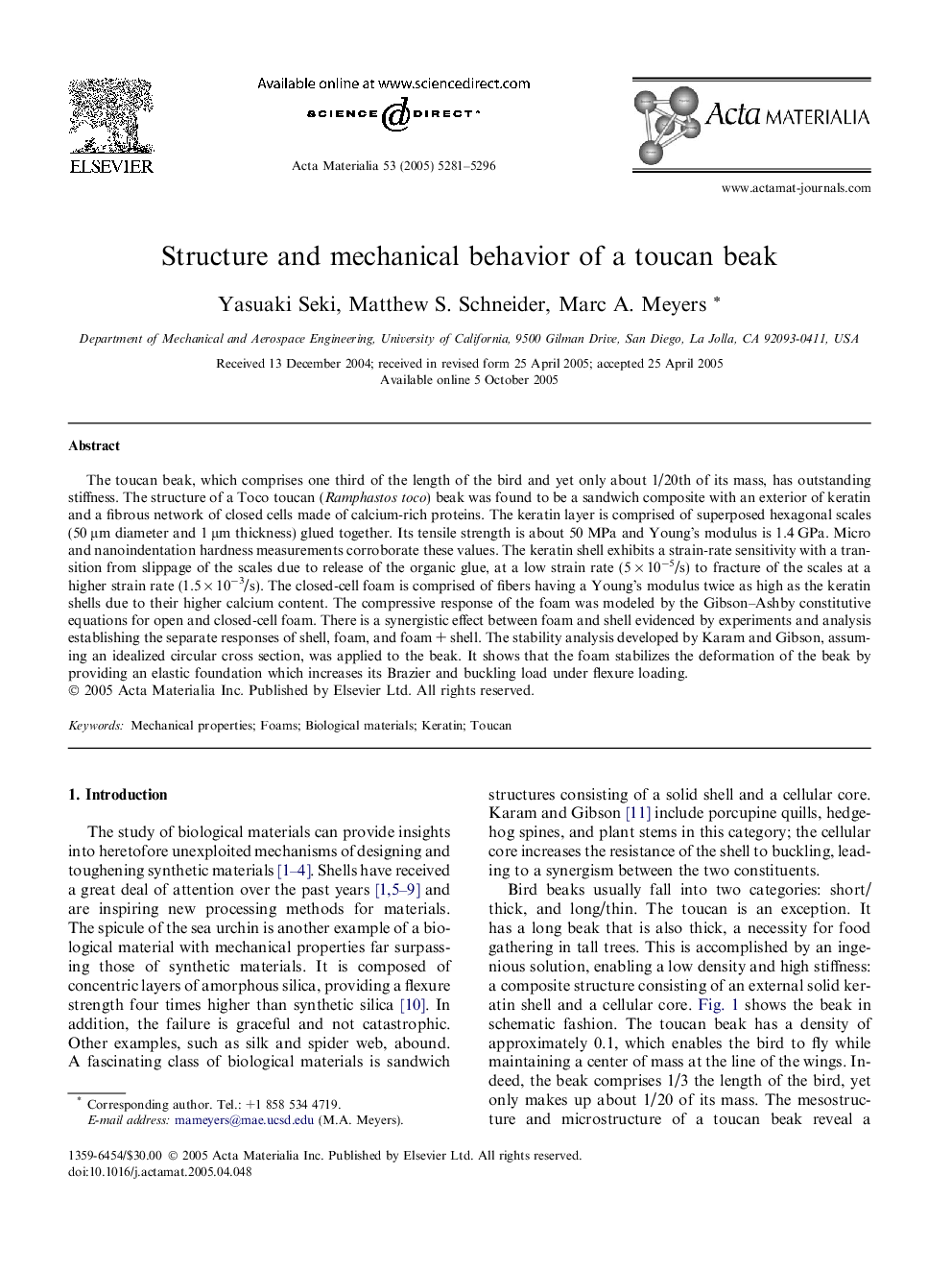 Structure and mechanical behavior of a toucan beak