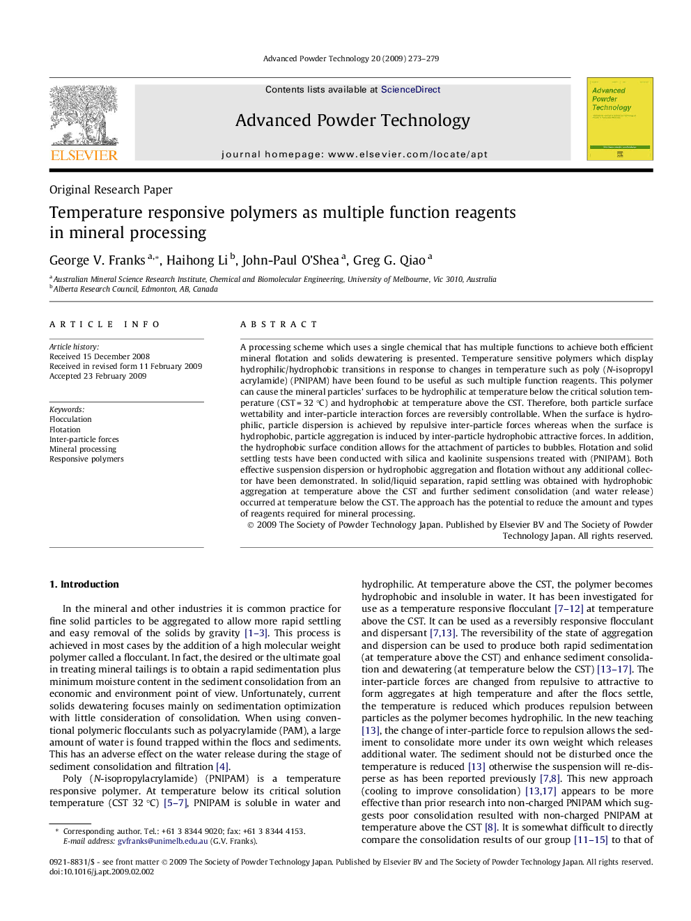 Temperature responsive polymers as multiple function reagents in mineral processing