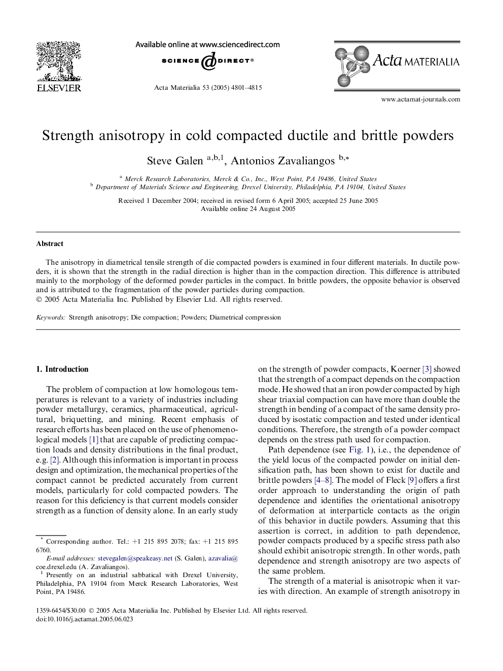 Strength anisotropy in cold compacted ductile and brittle powders