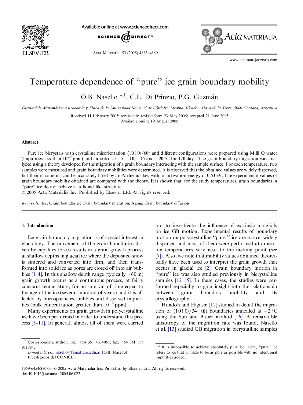 Temperature dependence of “pure” ice grain boundary mobility