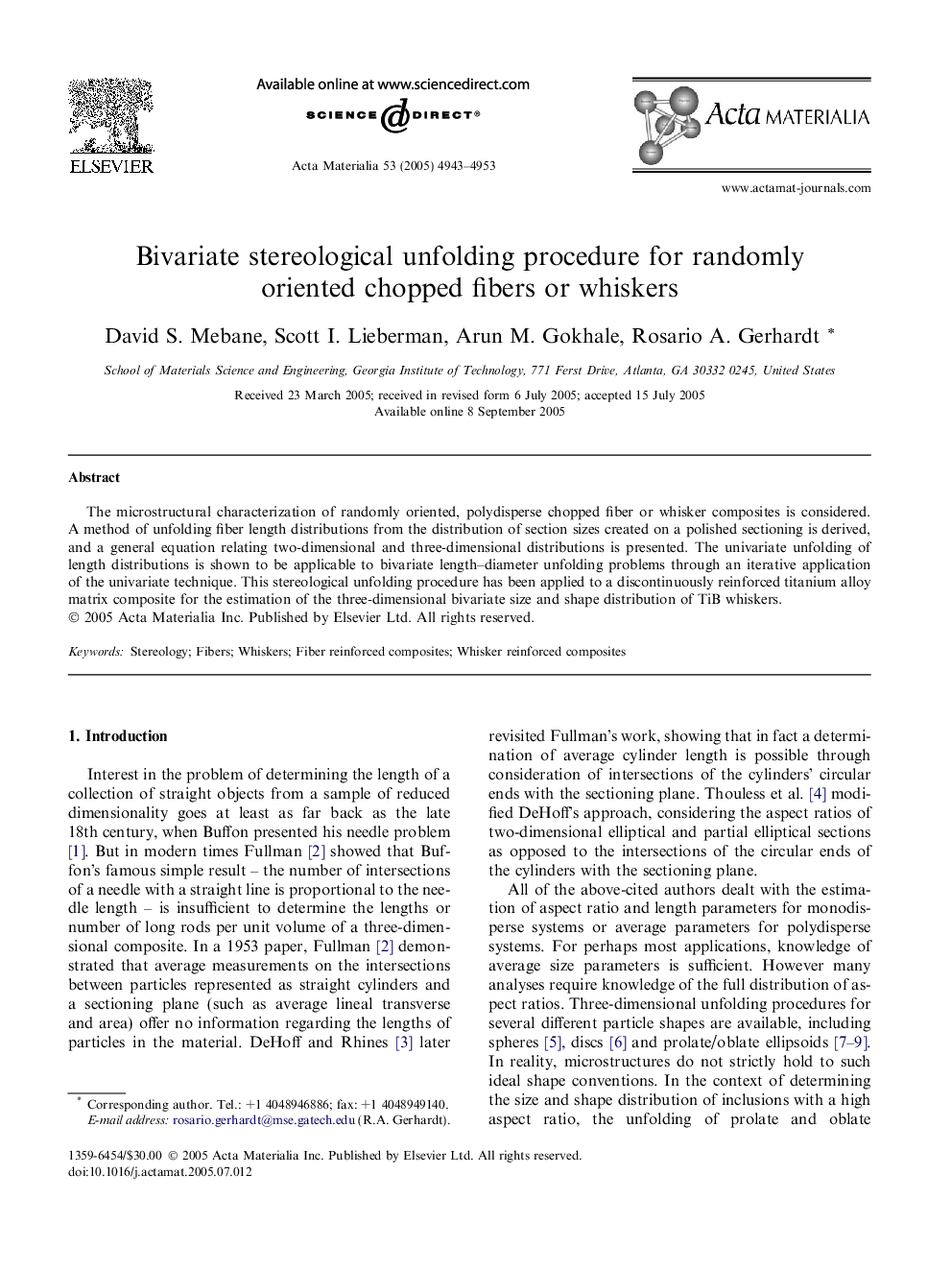 Bivariate stereological unfolding procedure for randomly oriented chopped fibers or whiskers