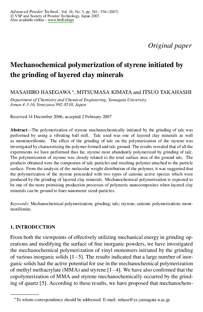 Mechanochemical polymerization of styrene initiated by the grinding of layered clay minerals