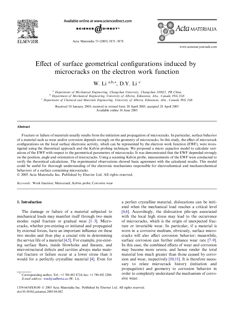 Effect of surface geometrical configurations induced by microcracks on the electron work function