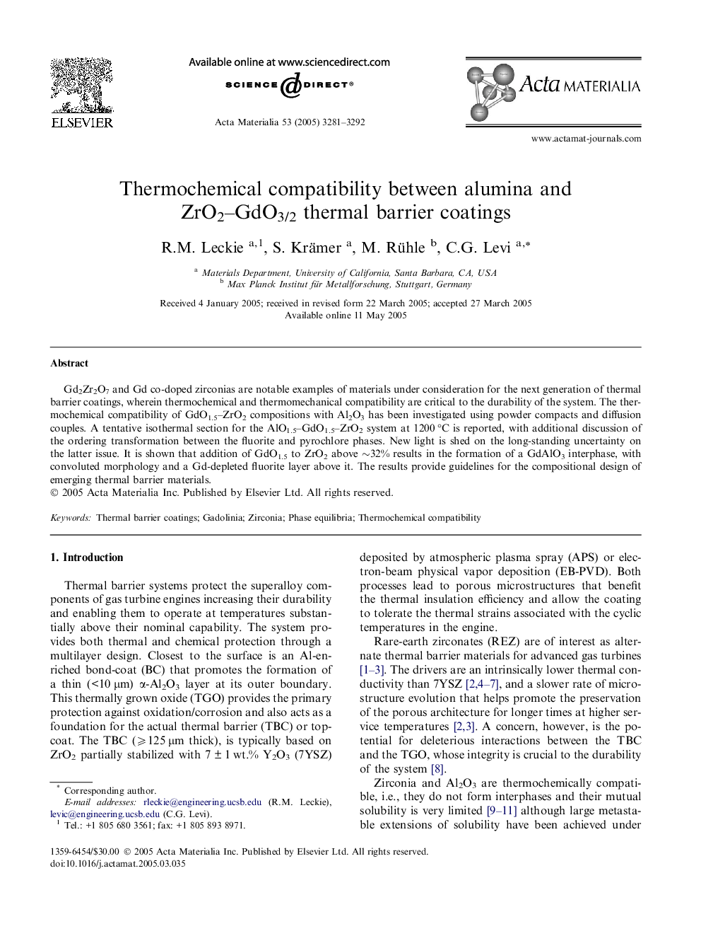 Thermochemical compatibility between alumina and ZrO2–GdO3/2 thermal barrier coatings