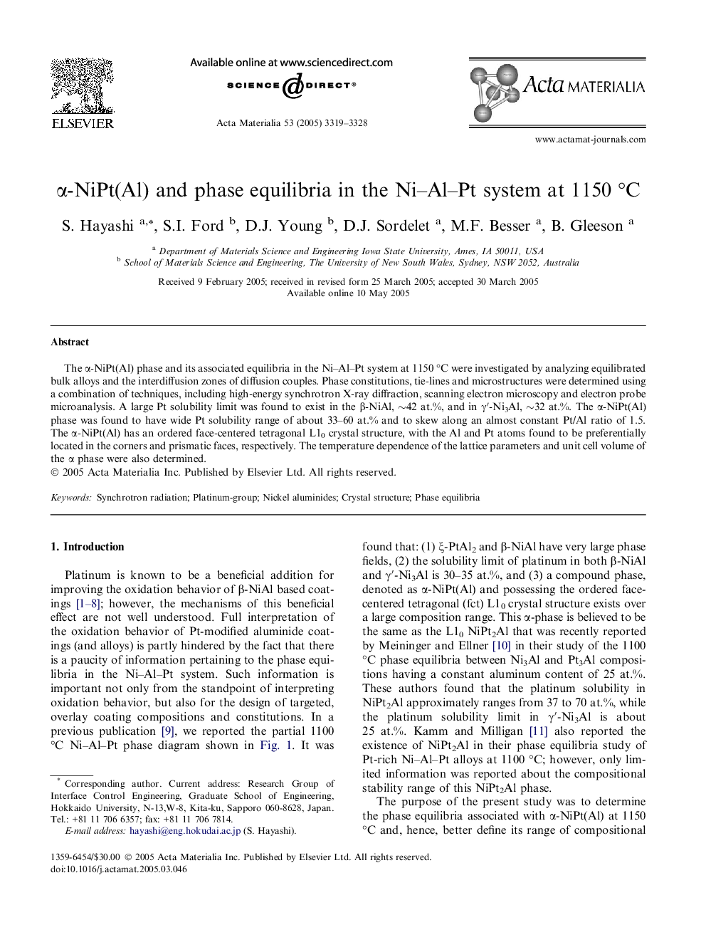 α-NiPt(Al) and phase equilibria in the Ni–Al–Pt system at 1150 °C