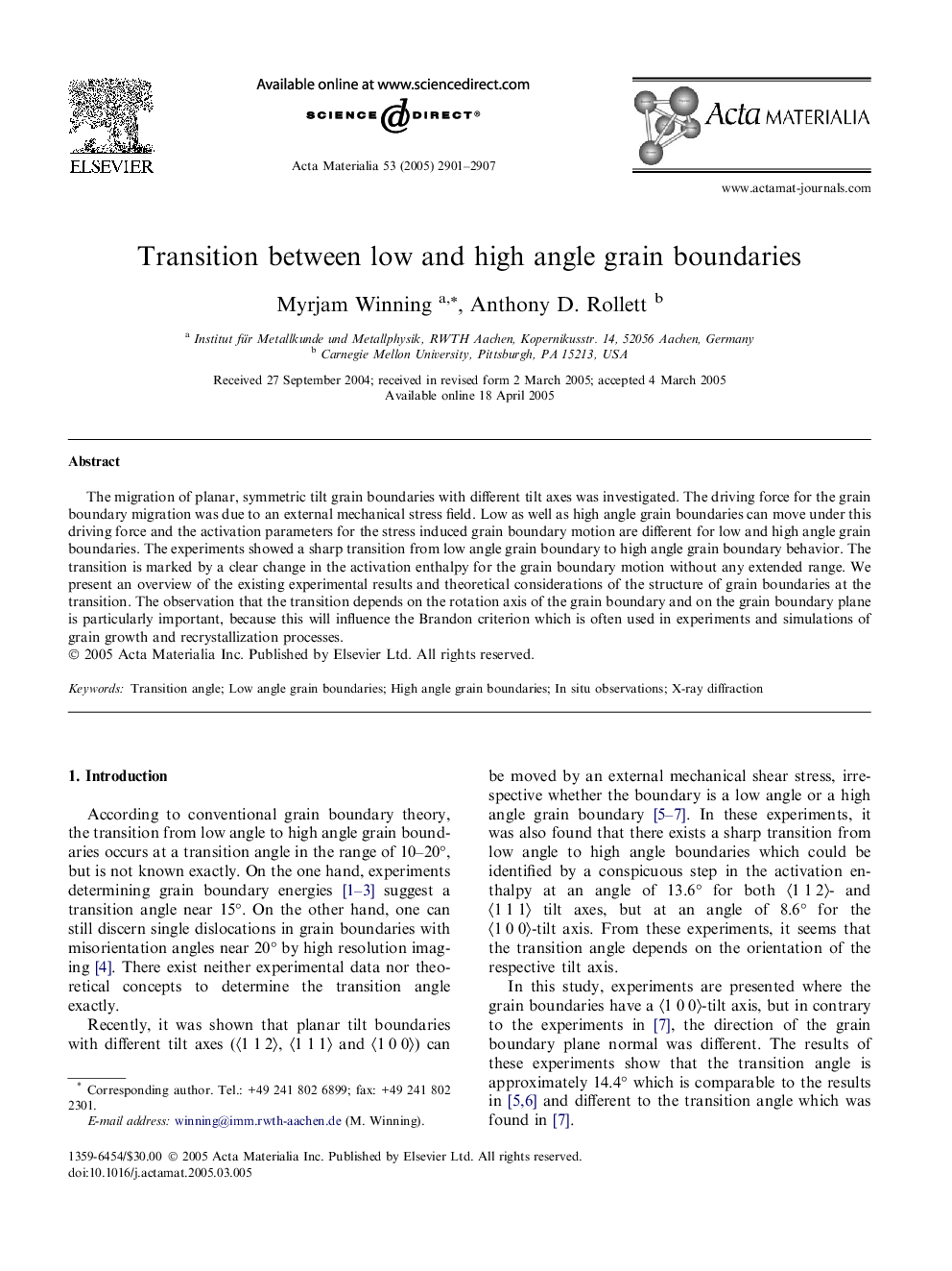 Transition between low and high angle grain boundaries