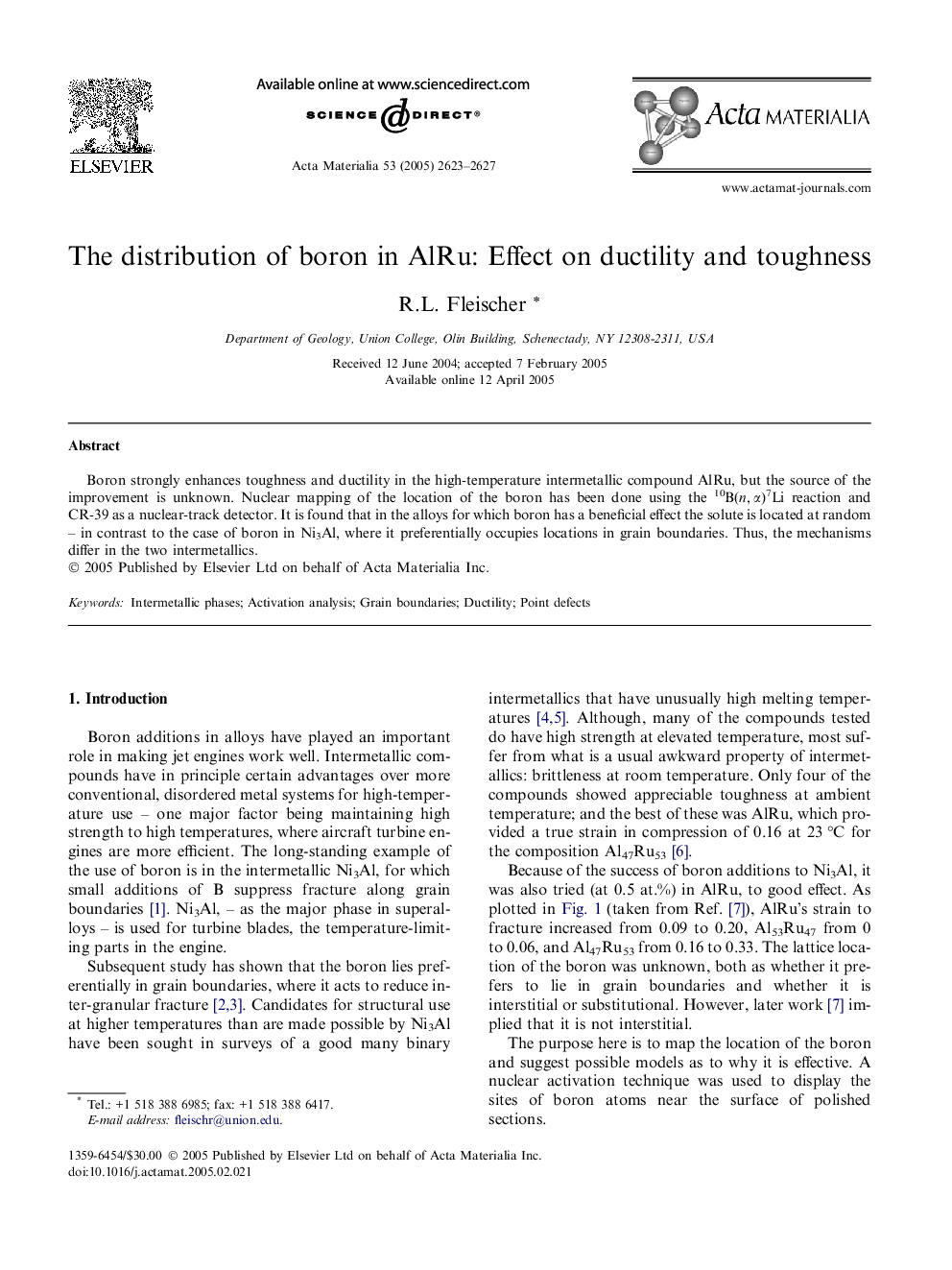 The distribution of boron in AlRu: Effect on ductility and toughness