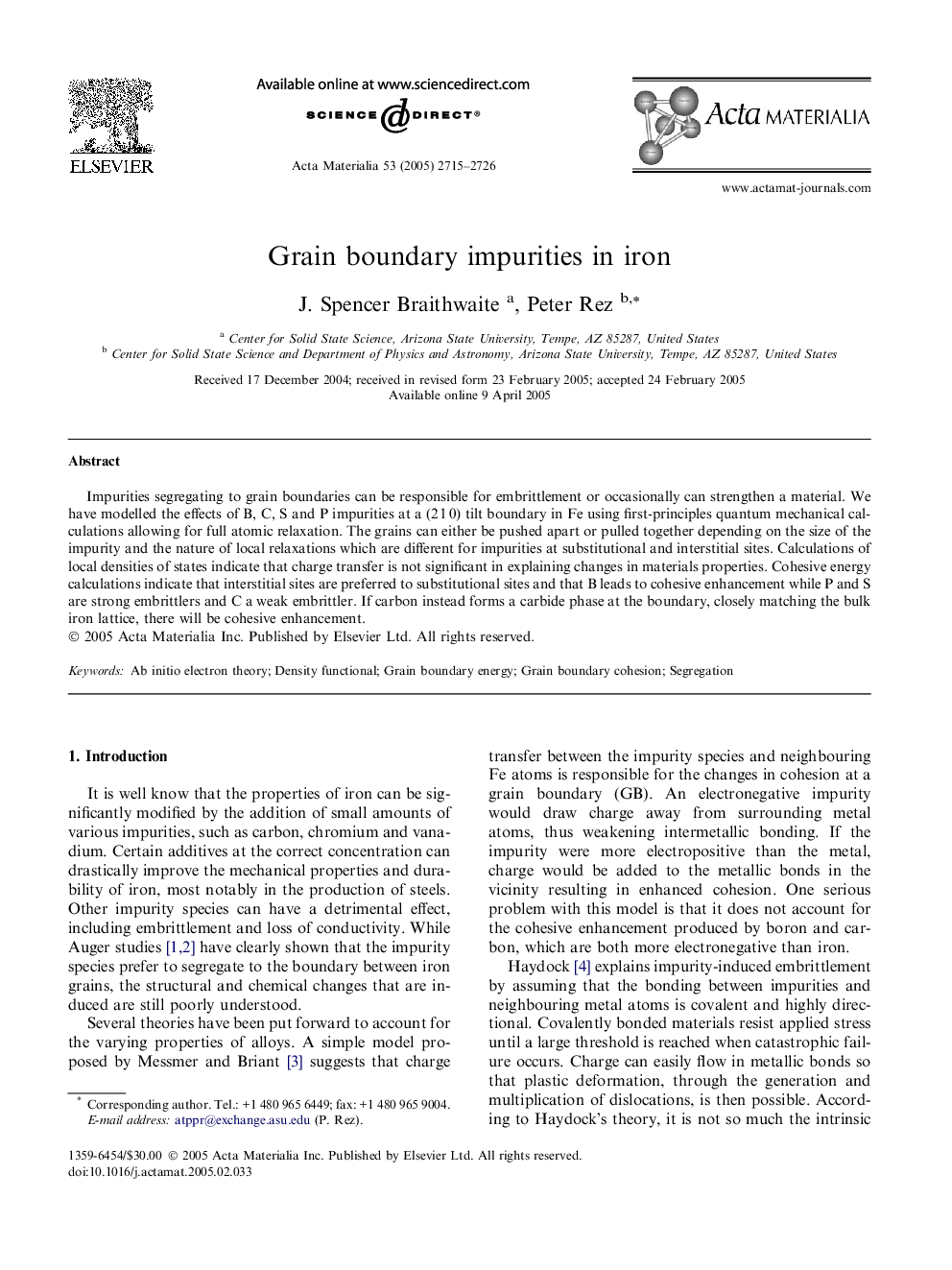 Grain boundary impurities in iron