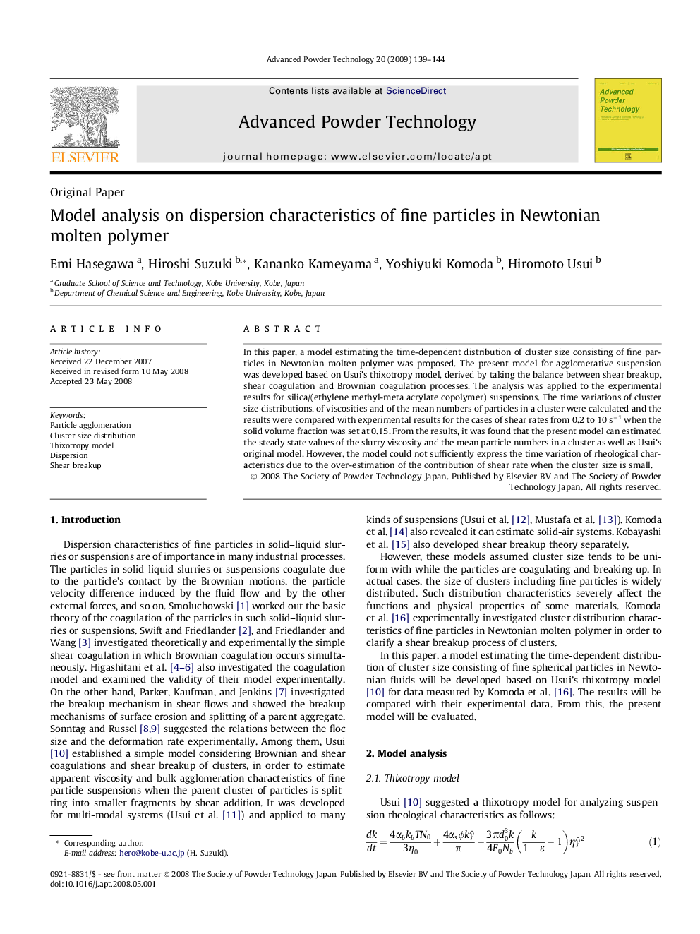 Model analysis on dispersion characteristics of fine particles in Newtonian molten polymer