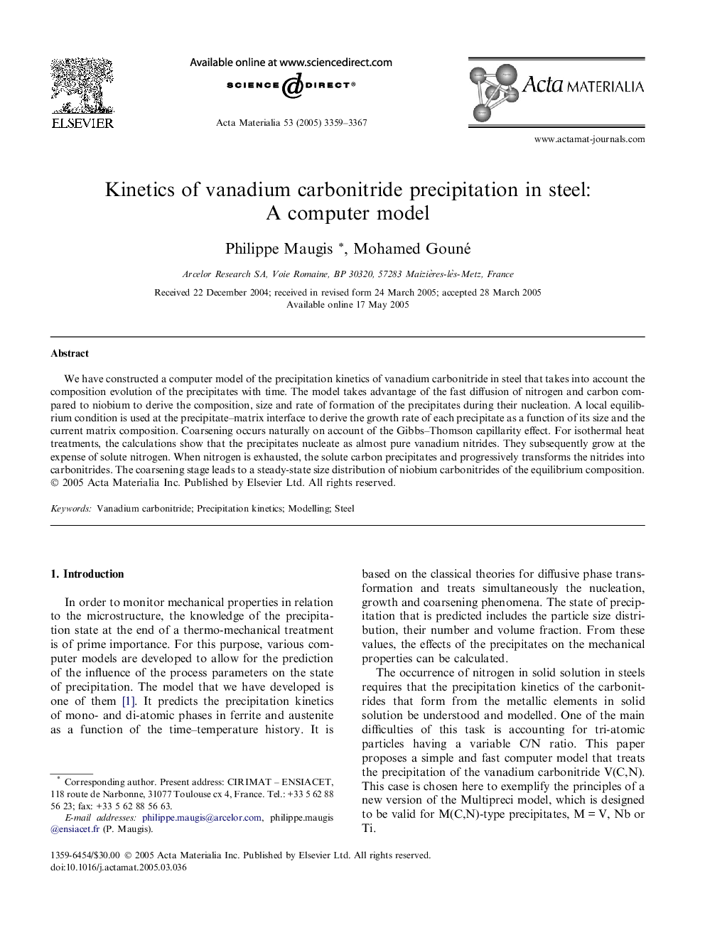 Kinetics of vanadium carbonitride precipitation in steel: A computer model