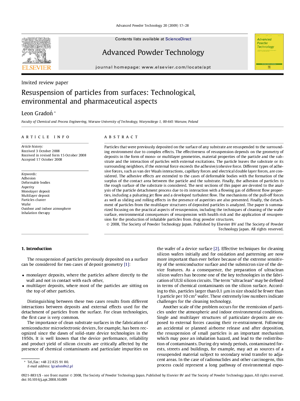 Resuspension of particles from surfaces: Technological, environmental and pharmaceutical aspects