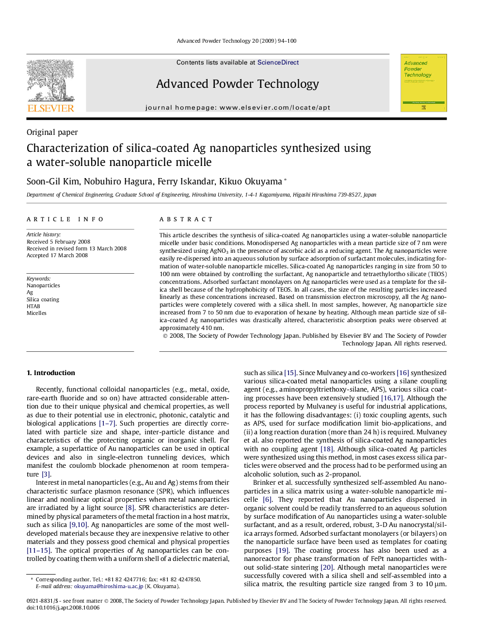 Characterization of silica-coated Ag nanoparticles synthesized using a water-soluble nanoparticle micelle