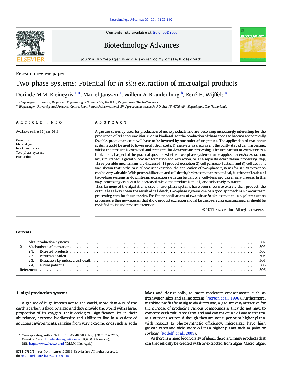 Two-phase systems: Potential for in situ extraction of microalgal products