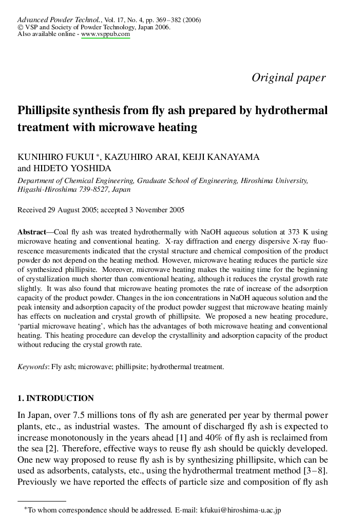 Phillipsite synthesis from fly ash prepared by hydrothermal treatment with microwave heating