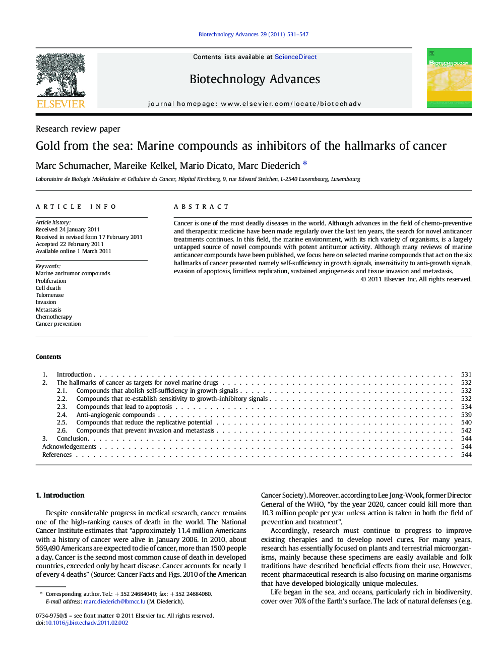 Gold from the sea: Marine compounds as inhibitors of the hallmarks of cancer