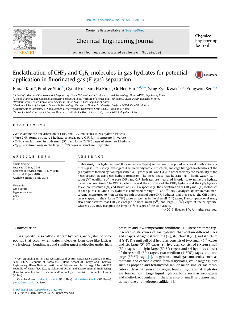 عکس صفحه اول مقاله: Enclathration of CHF3 and C2F6 molecules in gas hydrates for potential application in fluorinated gas (F-gas) separation Enclathration of CHF3 and C2F6 molecules in gas hydrates for potential application in fluorinated gas (F-gas) separation