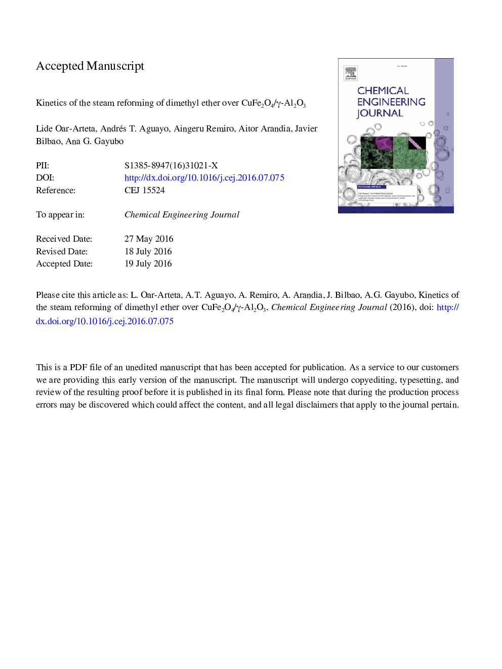 Kinetics of the steam reforming of dimethyl ether over CuFe2O4/Î³-Al2O3