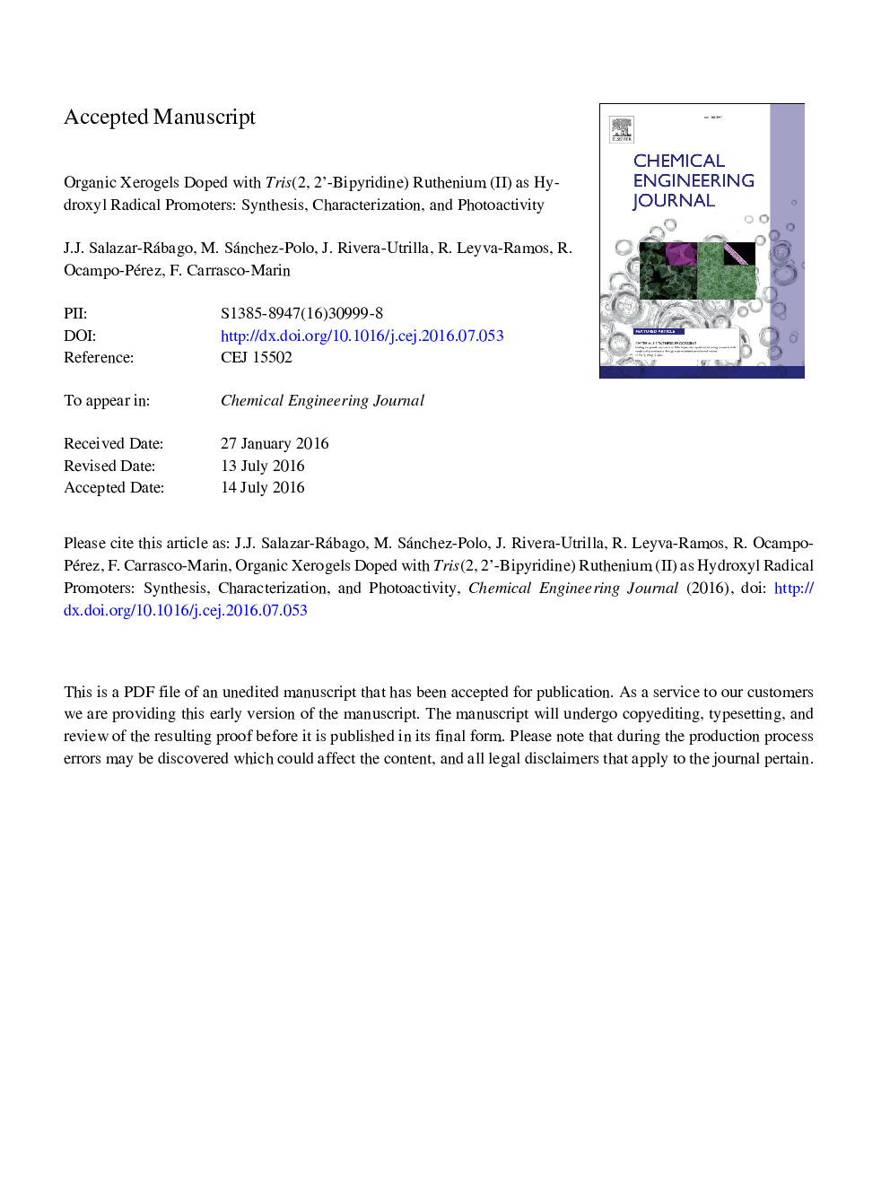 عکس صفحه اول مقاله: Organic xerogels doped with Tris(2,2â²-bipyridine) ruthenium(II) as hydroxyl radical promoters: Synthesis, characterization, and photoactivity Organic xerogels doped with Tris(2,2â²-bipyridine) ruthenium(II) as hydroxyl radical promoters: Synthesis, characterization, and photoactivity