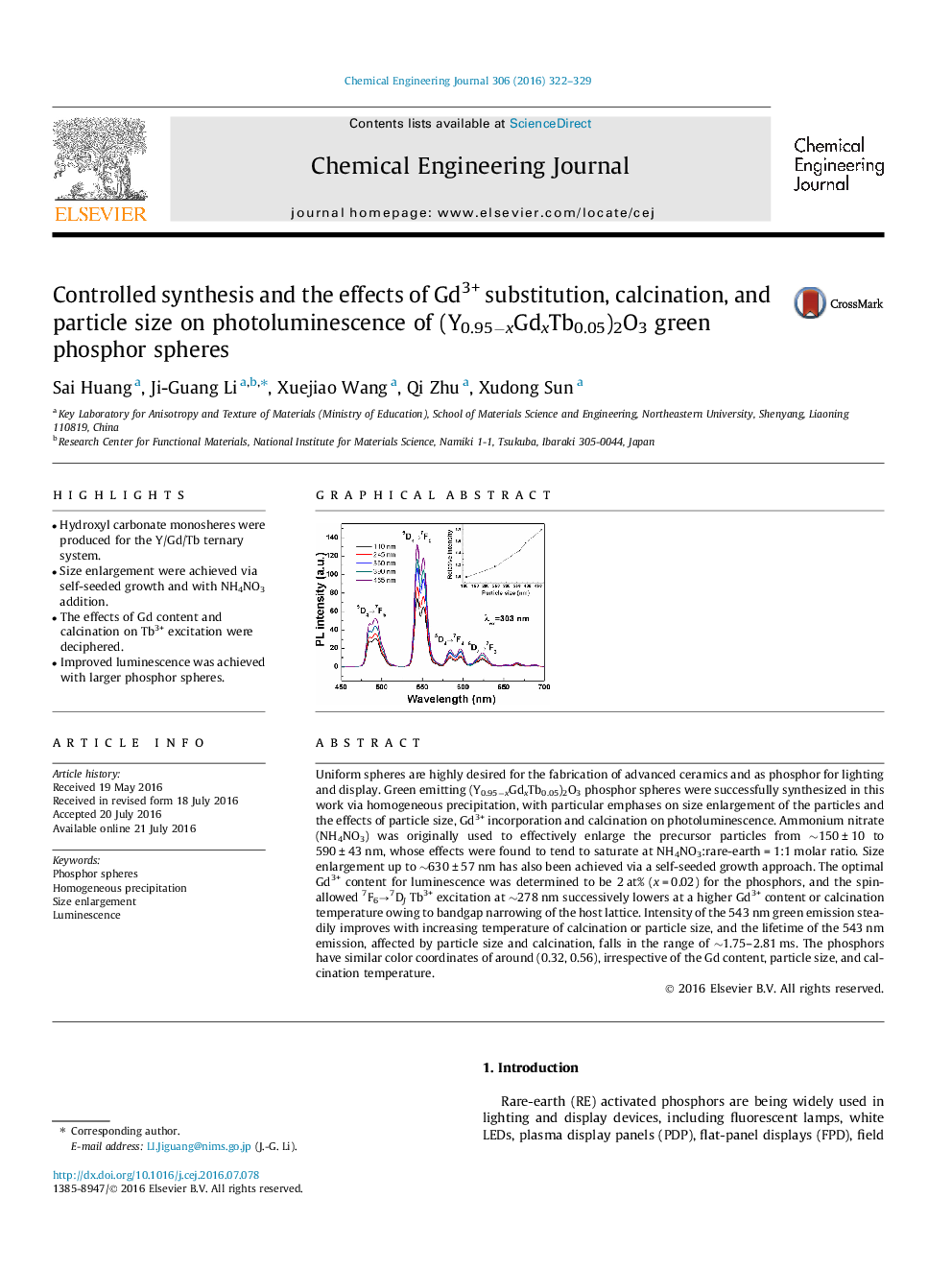 Controlled synthesis and the effects of Gd3+ substitution, calcination, and particle size on photoluminescence of (Y0.95−xGdxTb0.05)2O3 green phosphor spheres