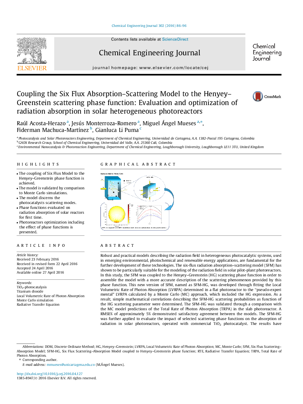 Coupling the Six Flux Absorption–Scattering Model to the Henyey–Greenstein scattering phase function: Evaluation and optimization of radiation absorption in solar heterogeneous photoreactors