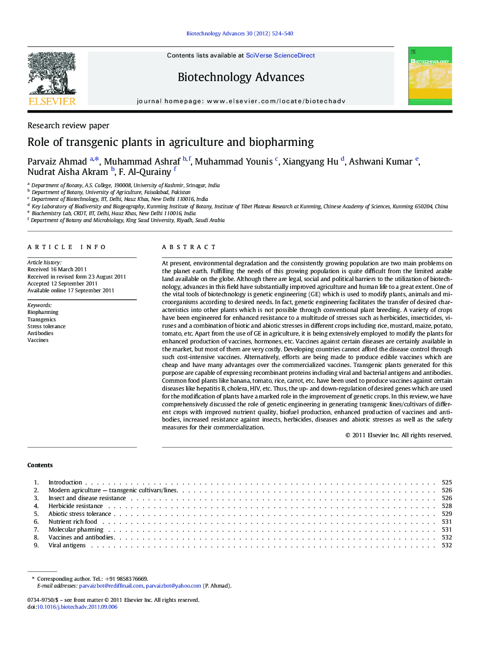 Role of transgenic plants in agriculture and biopharming