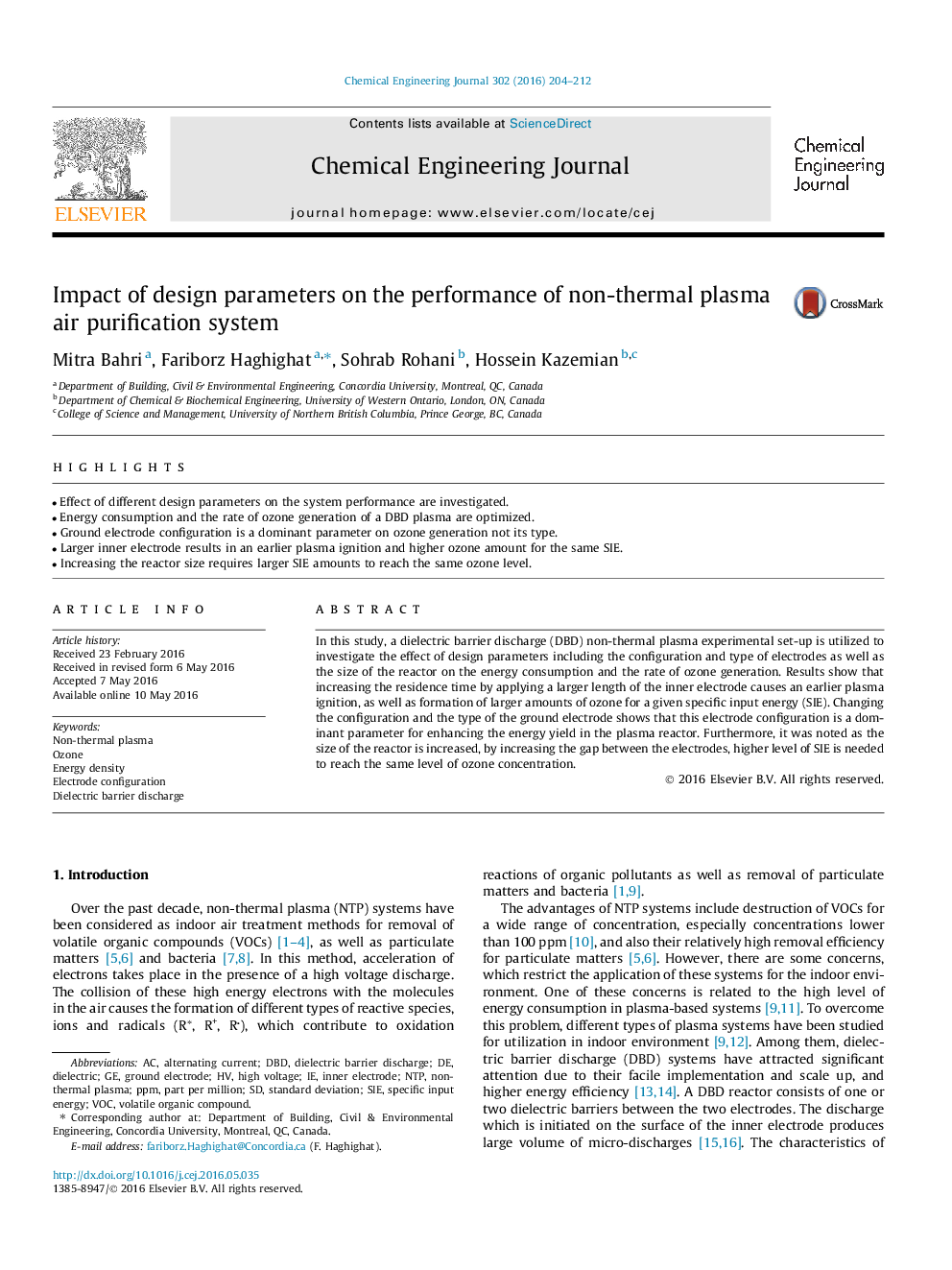 Impact of design parameters on the performance of non-thermal plasma air purification system