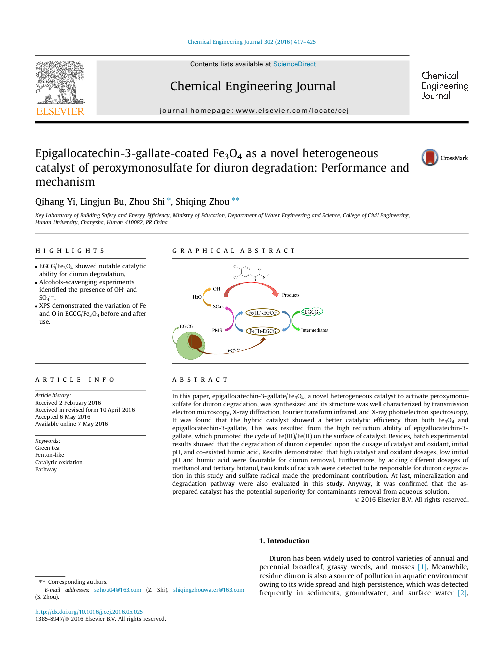 عکس صفحه اول مقاله: Epigallocatechin-3-gallate-coated Fe3O4 as a novel heterogeneous catalyst of peroxymonosulfate for diuron degradation: Performance and mechanism Epigallocatechin-3-gallate-coated Fe3O4 as a novel heterogeneous catalyst of peroxymonosulfate for diuron degradation: Performance and mechanism