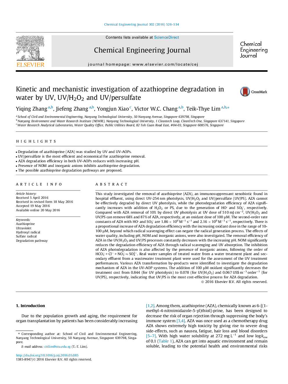 Kinetic and mechanistic investigation of azathioprine degradation in water by UV, UV/H2O2 and UV/persulfate