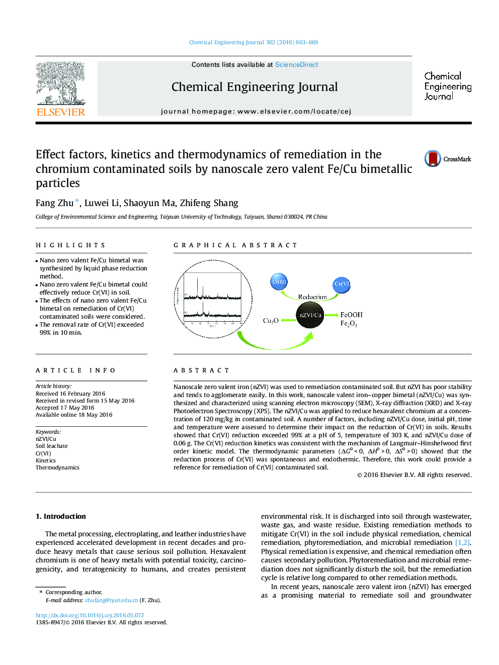 Effect factors, kinetics and thermodynamics of remediation in the chromium contaminated soils by nanoscale zero valent Fe/Cu bimetallic particles