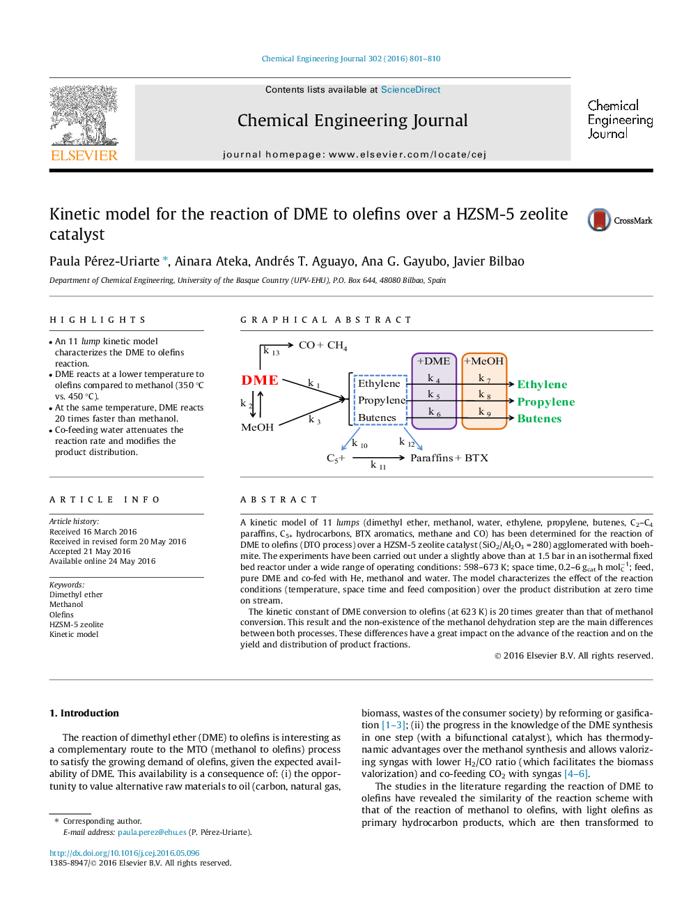 Kinetic model for the reaction of DME to olefins over a HZSM-5 zeolite catalyst