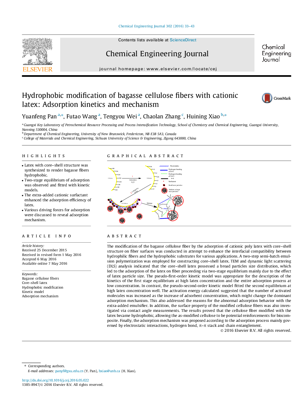 Hydrophobic modification of bagasse cellulose fibers with cationic latex: Adsorption kinetics and mechanism