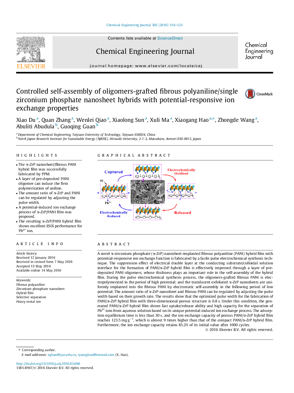 Controlled self-assembly of oligomers-grafted fibrous polyaniline/single zirconium phosphate nanosheet hybrids with potential-responsive ion exchange properties