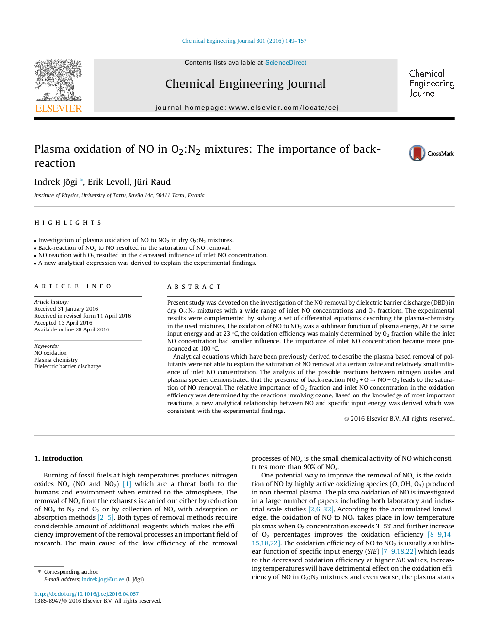 Plasma oxidation of NO in O2:N2 mixtures: The importance of back-reaction