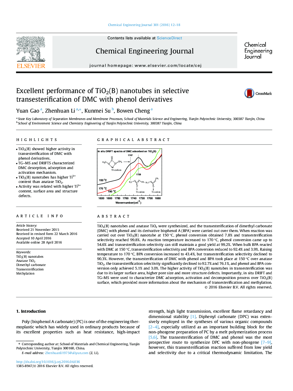 Excellent performance of TiO2(B) nanotubes in selective transesterification of DMC with phenol derivatives