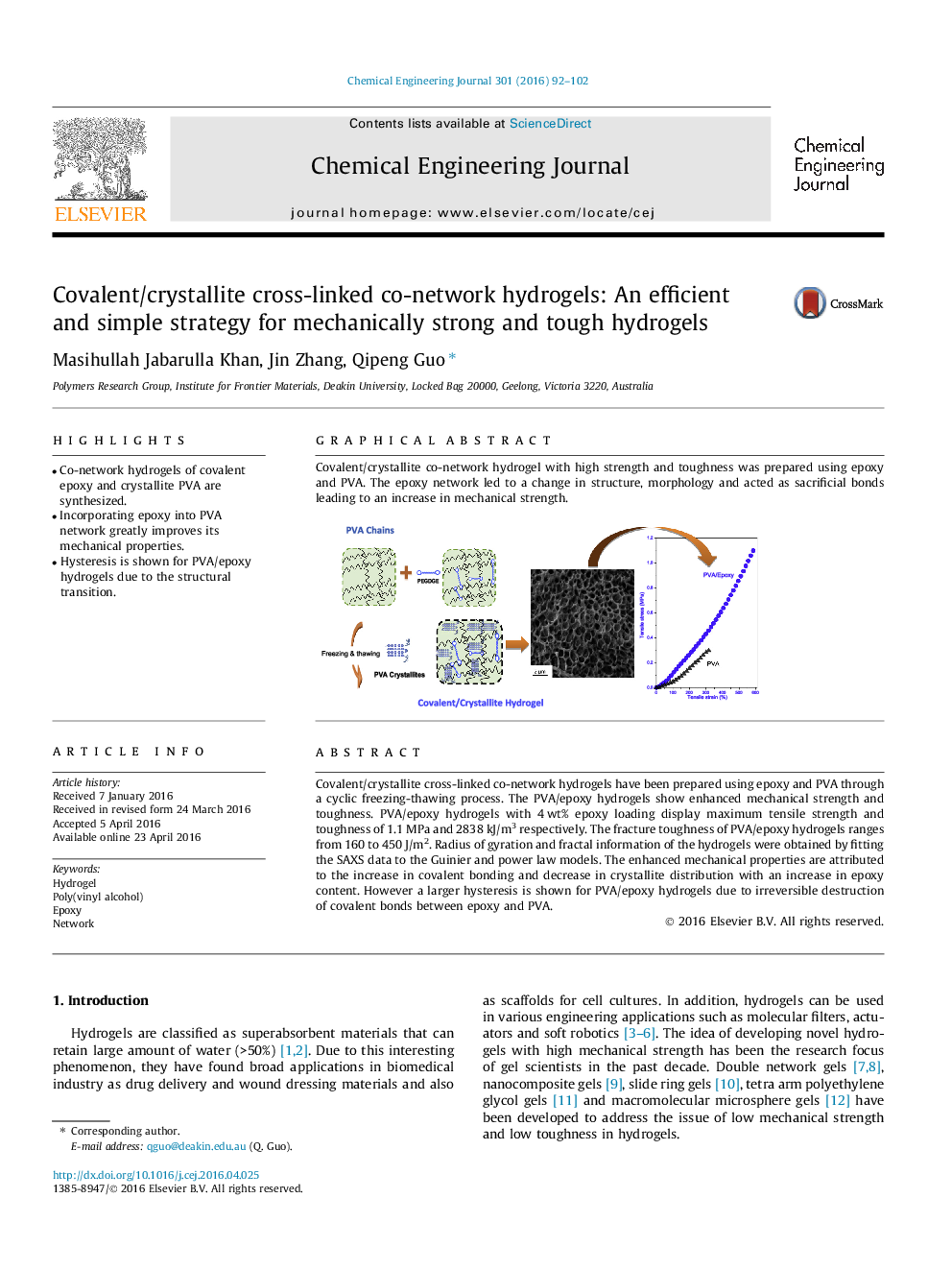 Covalent/crystallite cross-linked co-network hydrogels: An efficient and simple strategy for mechanically strong and tough hydrogels