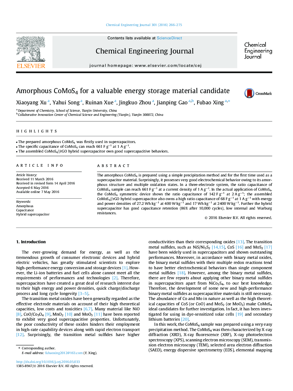 Amorphous CoMoS4 for a valuable energy storage material candidate