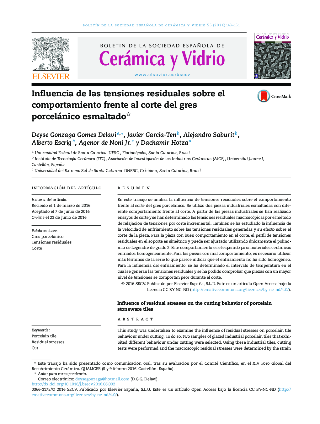 Influencia de las tensiones residuales sobre el comportamiento frente al corte del gres porcelánico esmaltado 