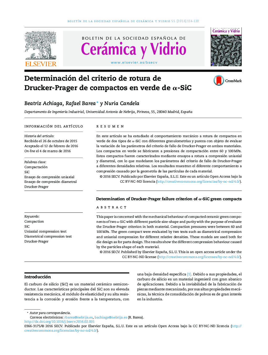 Determinación del criterio de rotura de Drucker-Prager de compactos en verde de α-SiC