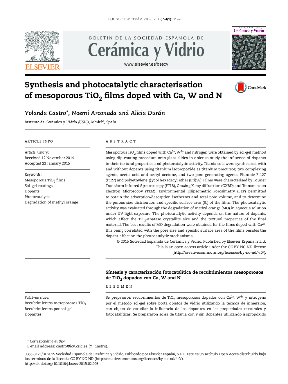 Synthesis and photocatalytic characterisation of mesoporous TiO2 films doped with Ca, W and N