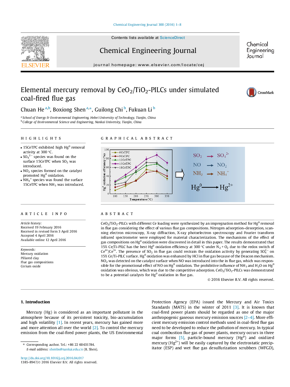 Elemental mercury removal by CeO2/TiO2-PILCs under simulated coal-fired flue gas