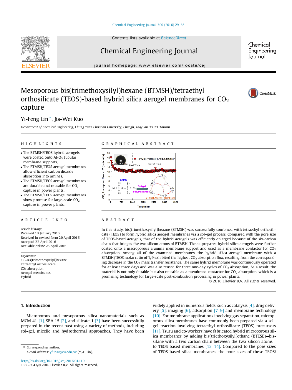  غشاء آئروژل سیلیکا ترکیبی مبتنی بر (TEOS)اورتوسیلیکات تترا اتیل/(BTMSH) هگزان (trimethoxysilyl)BIS متخلخل برای جذب CO2