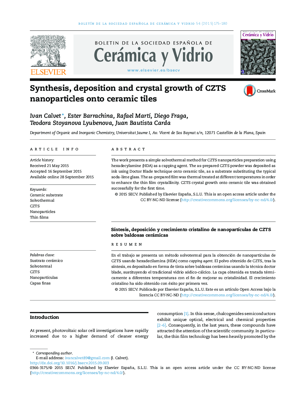 Synthesis, deposition and crystal growth of CZTS nanoparticles onto ceramic tiles