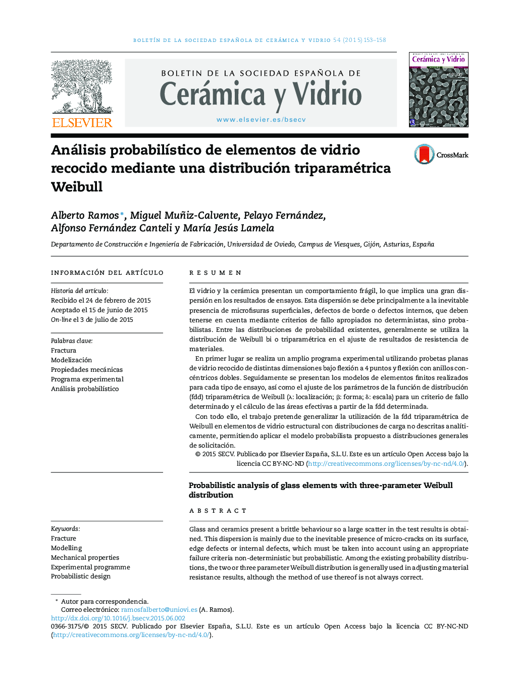 Análisis probabilístico de elementos de vidrio recocido mediante una distribución triparamétrica Weibull