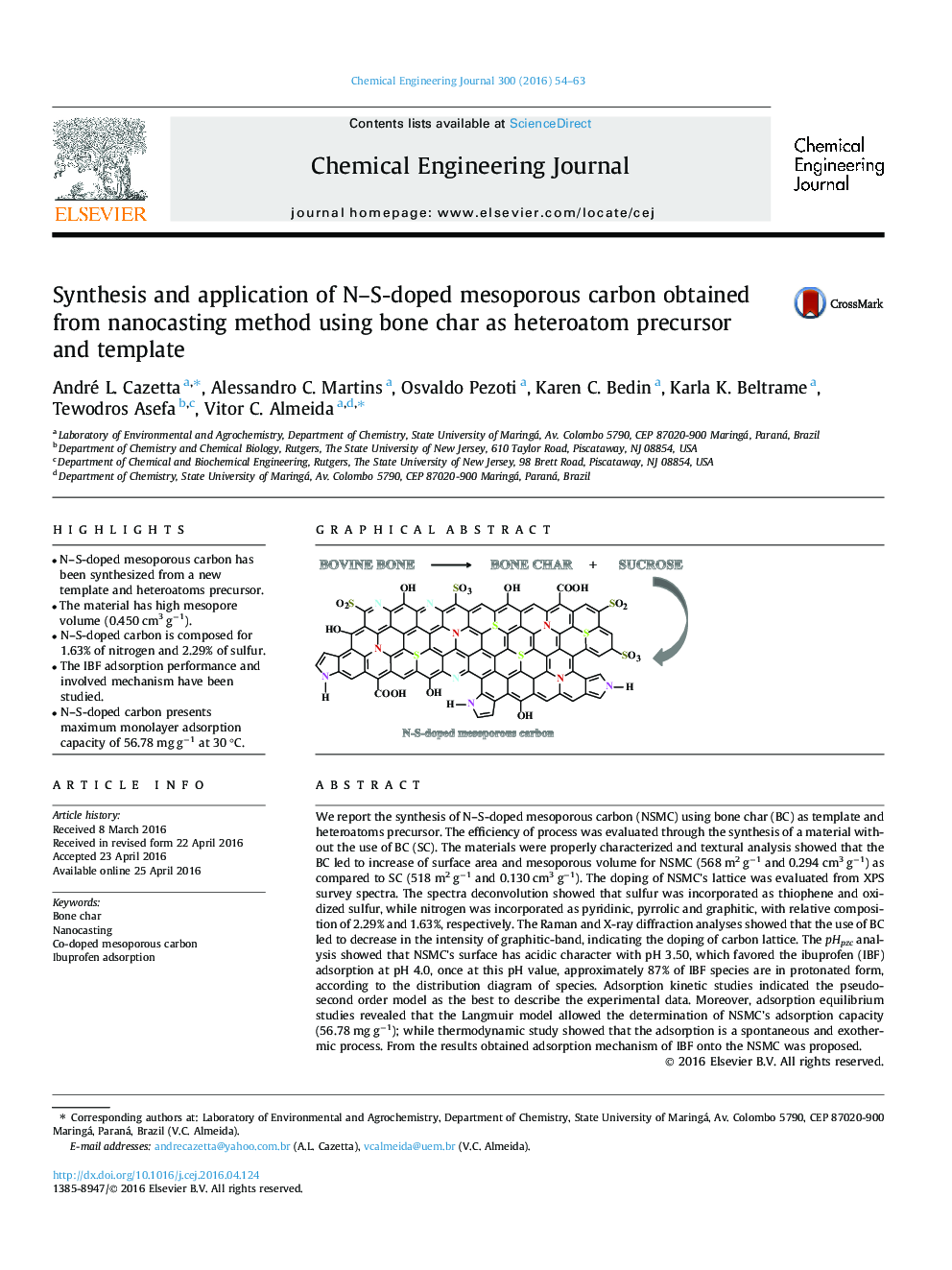 Synthesis and application of N-S-doped mesoporous carbon obtained from nanocasting method using bone char as heteroatom precursor and template