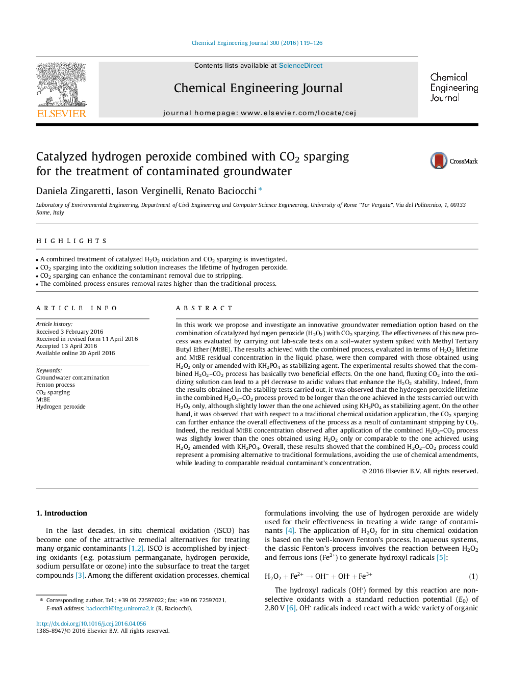 Catalyzed hydrogen peroxide combined with CO2 sparging for the treatment of contaminated groundwater