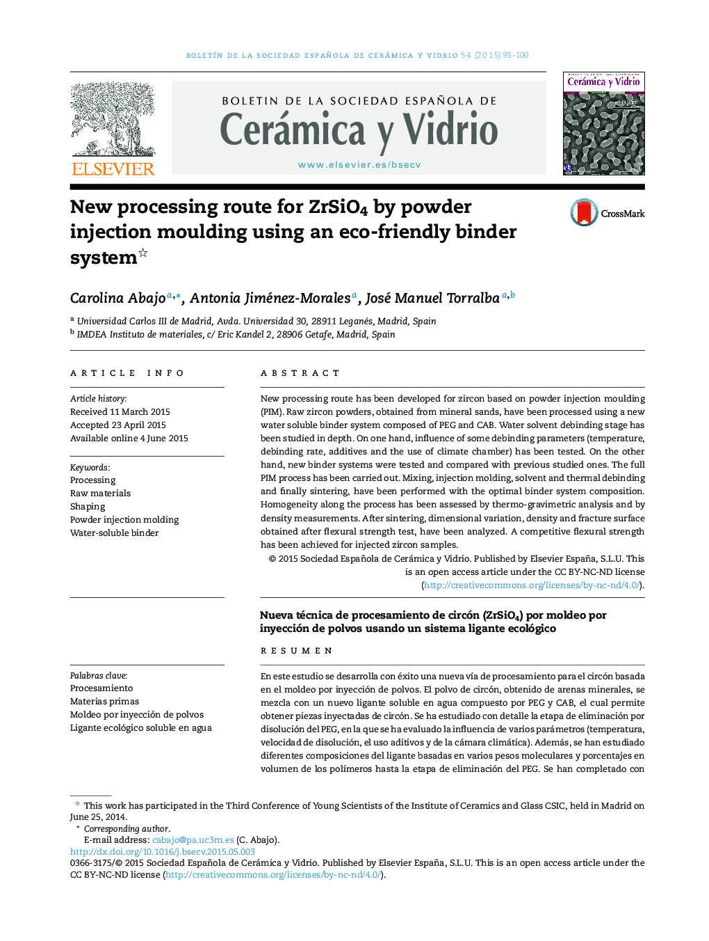 New processing route for ZrSiO4 by powder injection moulding using an eco-friendly binder system 