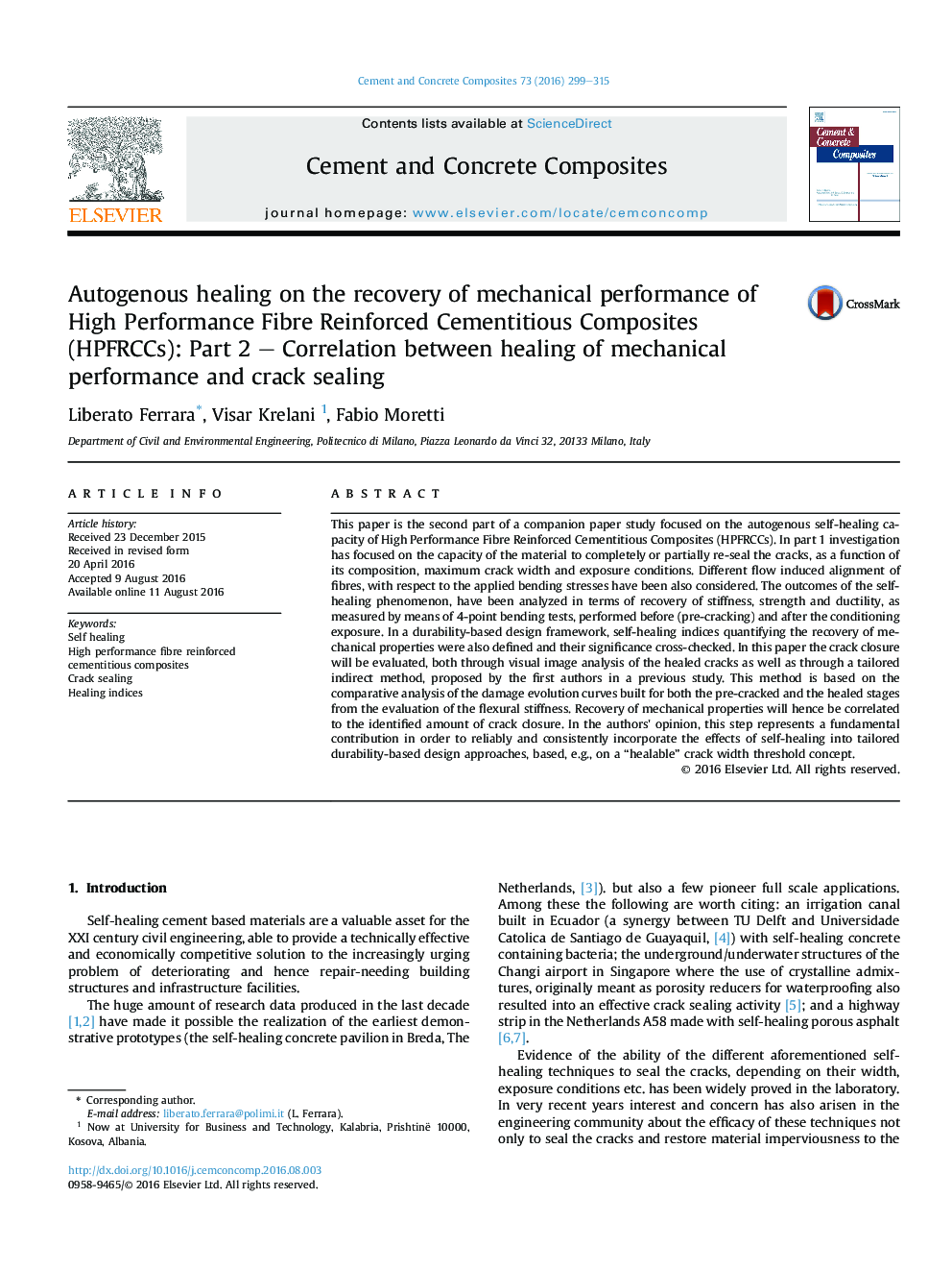 Autogenous healing on the recovery of mechanical performance of High Performance Fibre Reinforced Cementitious Composites (HPFRCCs): Part 2 – Correlation between healing of mechanical performance and crack sealing