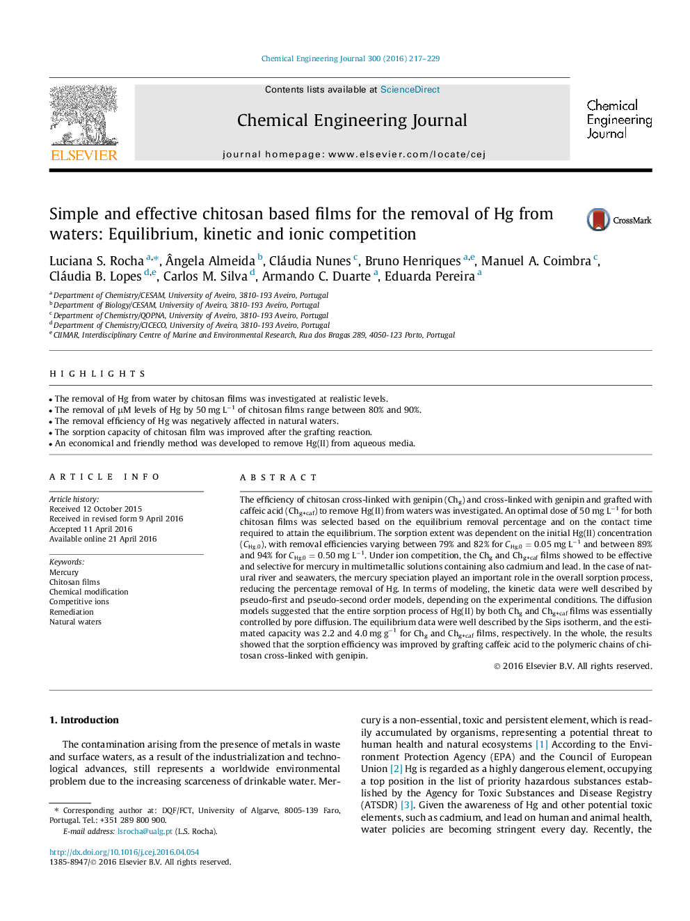 Simple and effective chitosan based films for the removal of Hg from waters: Equilibrium, kinetic and ionic competition