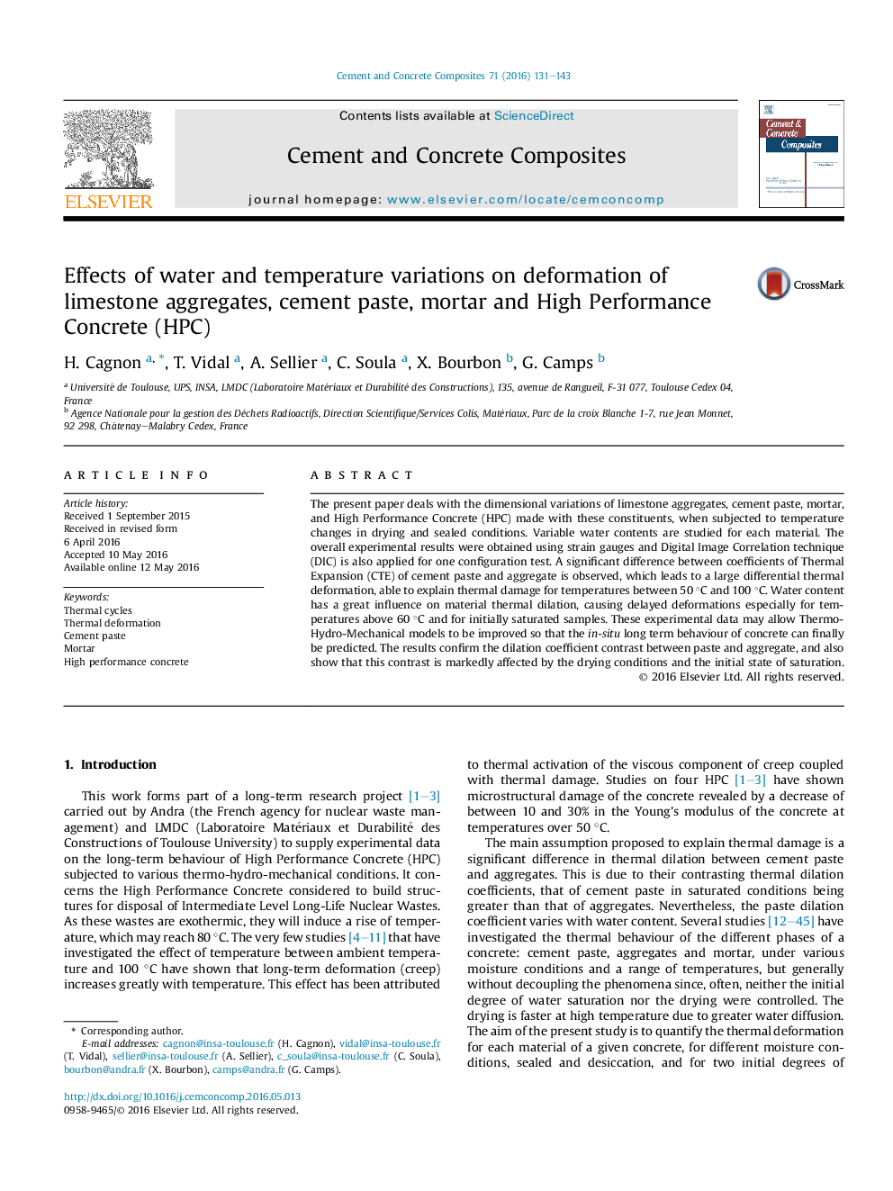 Effects of water and temperature variations on deformation of limestone aggregates, cement paste, mortar and High Performance Concrete (HPC)